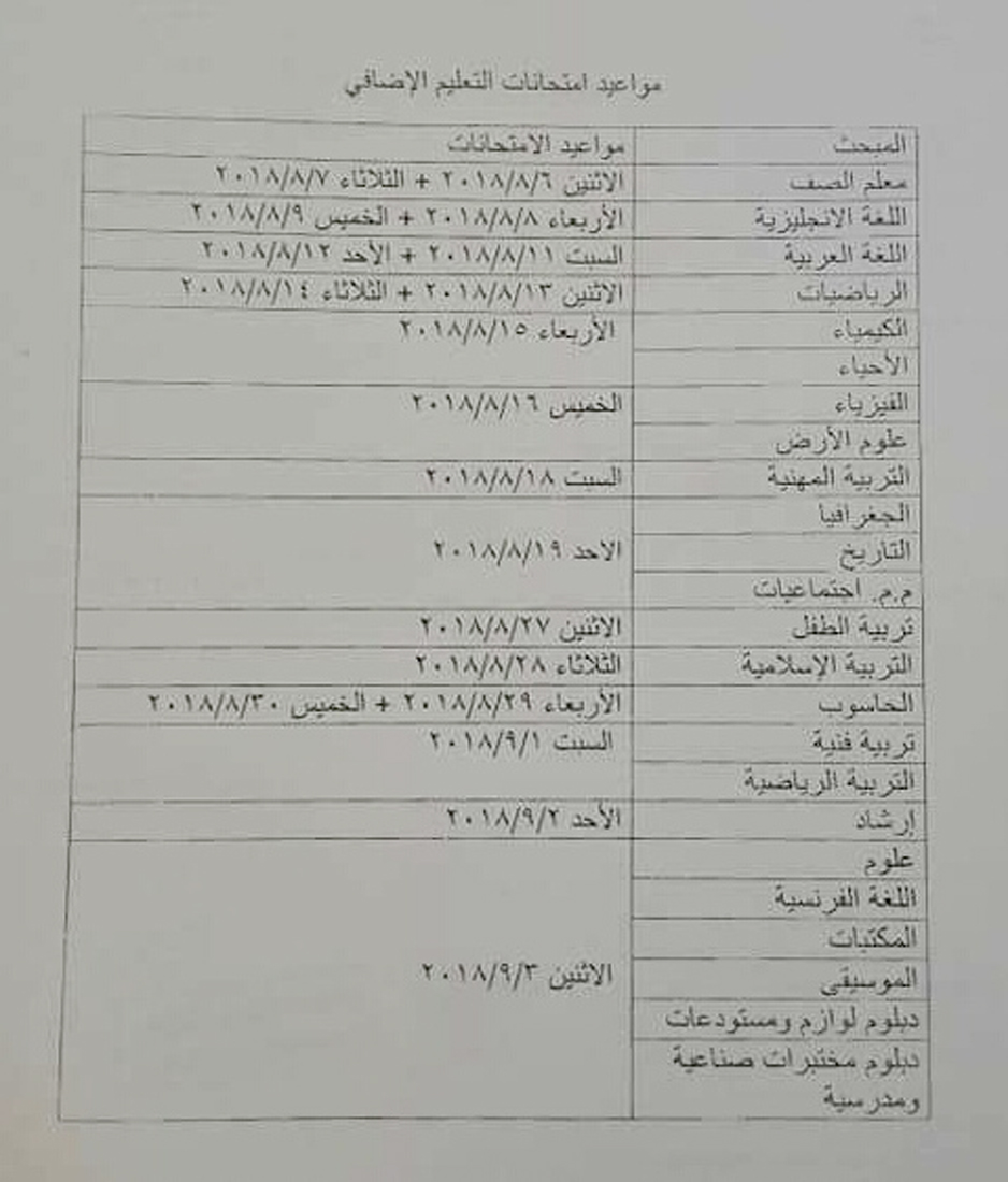 التربية تحدد مواعيد الامتحانات للمتقدمين للتعليم الإضافي &lt;br&gt;